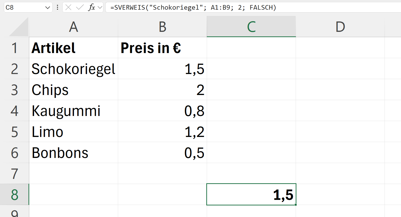 Tabelle Schokoriegel Artikel Süssigkeiten