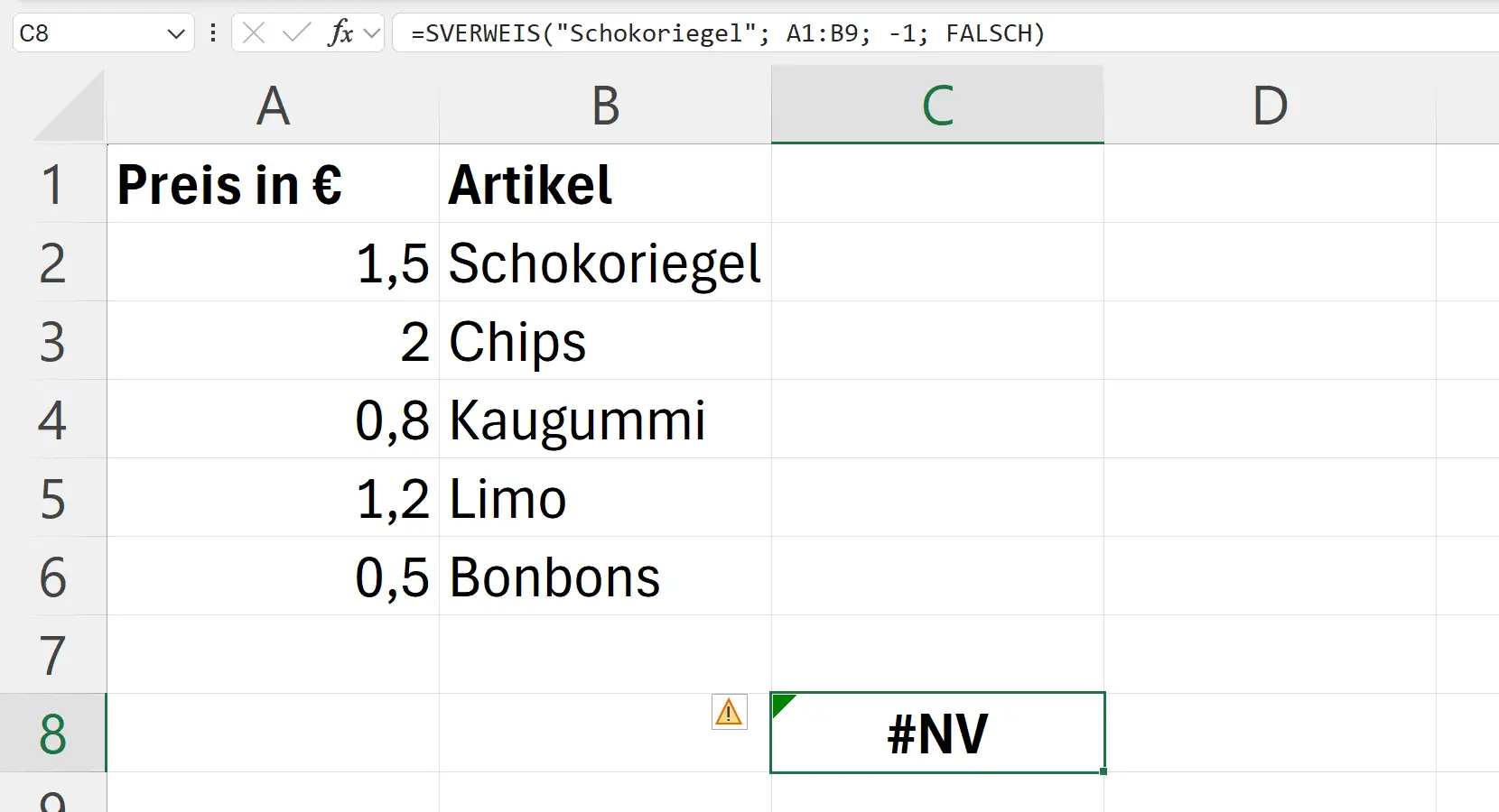 Tabelle Schokoriegel Fehler SVERWEIS