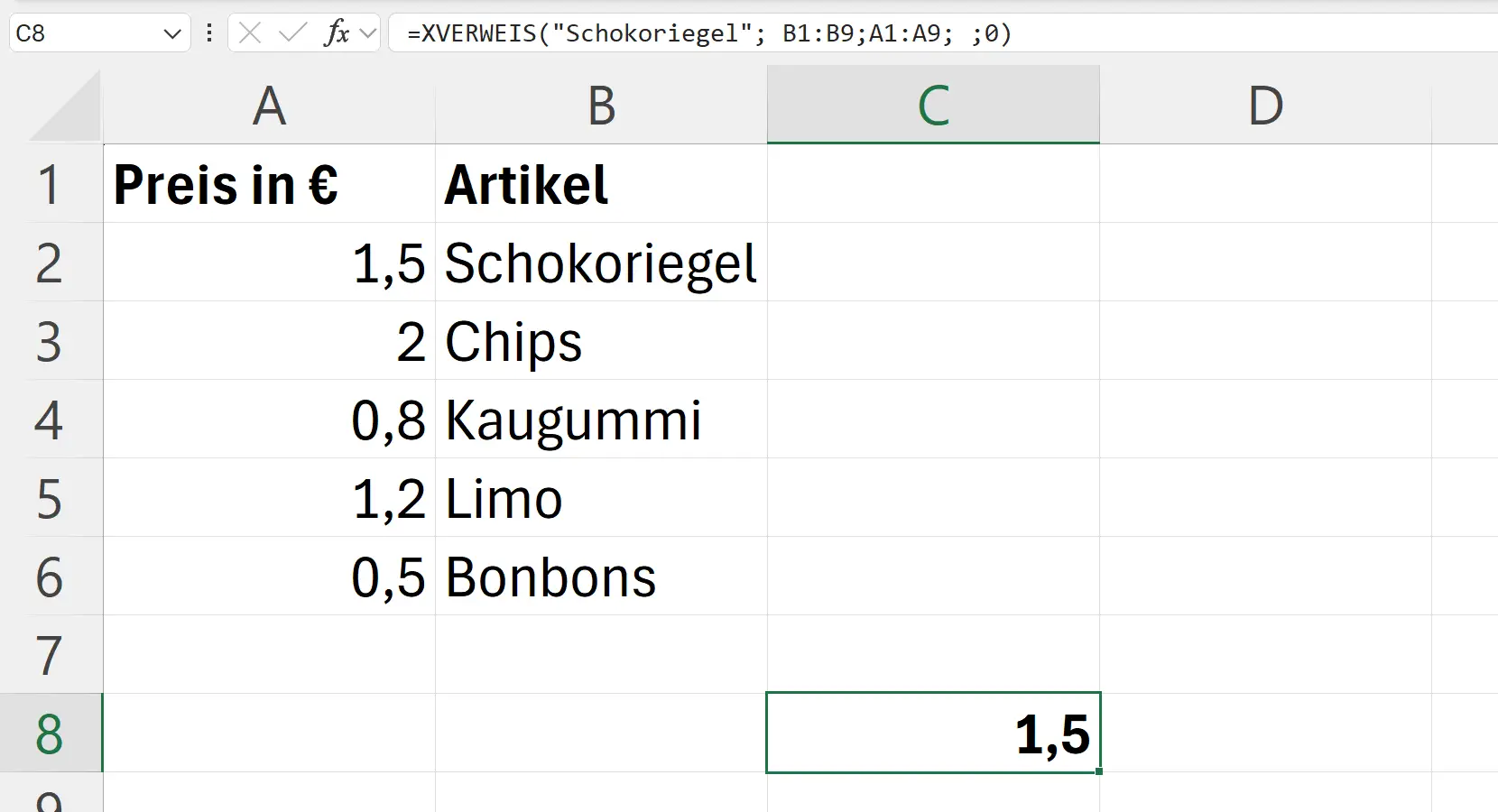 Tabelle Formel XVERWEIS Lösung